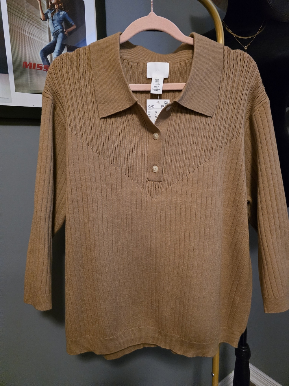 NWT H&M Camel Ribbed Knit Collared Polo Sweater XL | 3/4 Sleeve Capsule Wardrobe - Picture 3 of 12